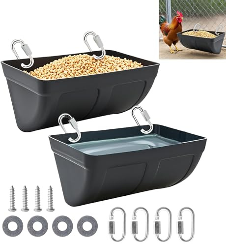Hniuyun Poultry Feeder & Waterer 4.5QT - Hanging or Fence-Mount Plastic Trough for Chickens, Ducks, Goats, Piglet, Black, 2-Pack