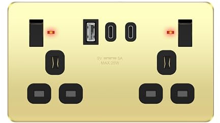LIDER 2-Gang Switched Socket with USB TYPE C&A Ports, LED Power Indicator, Always-On USB Ports, 25W Combined Output, Stainless Steel, UKCA Certified, Polished Brass (Use a 35mm-deep back box)