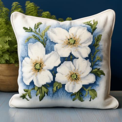 AMBATTERY 11CT Kreuzstich Kissen Set Vorgedruckt, Weiße Blumen Bedrucktes Leinwand-Kissen-Stickset, Kissenbezug Zum Sticken Kreuzstich, Stickkissen Set 45x45cm