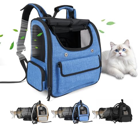 Cat Carrier Backpack for Large Cats Pet Backpack Carrier for Small Dogs, Expandable Cat Backpack Up to 15 Lbs, Foldable Cat Carrying Backpack for Travel Hiking (Blue)