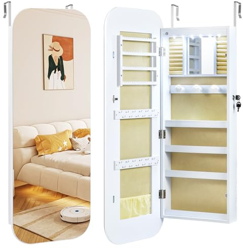 RELAX4LIFE Armadietto Portagioie da Parete, Specchiera Portagioielli con 6 Luci LED, Chiusura e Ripiani, Organizzatore Salvaspazio per Gioielli, 42 x 10 x 107,5 cm