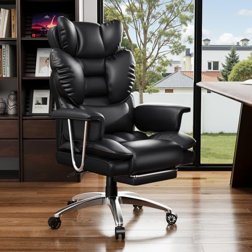 naspaluro High Back PU Leather Ergonomic Computer Recliner, Big Tall Executive Desk Chair with Adjustable Headrest/Footrest/Armrests, Comfy Heavy Duty Swivel Study Chairs, Home Office Black Work Chair