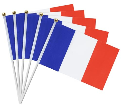 Lot de 15 Drapeaux Français à Main, Tricolore Bleu Blanc Rouge 14 x 21 cm avec Bâtonnets Blancs pour Fête Nationale, Coupe du Monde, Euro, Décoration de Jardin et Bar