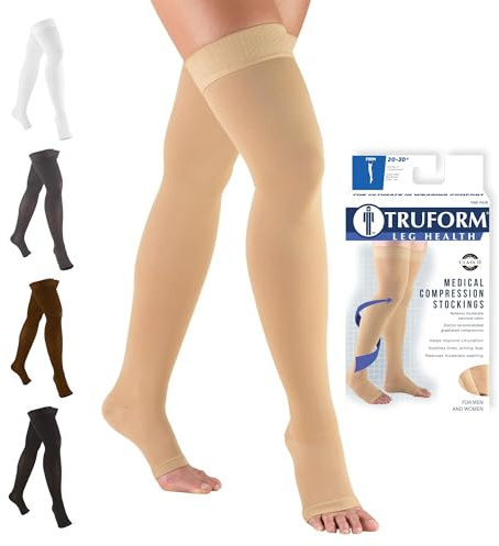 Truform 20-30 mmHg Compression Stockings for Men and Women, Thigh High Length, Dot-Top, Open Toe, Beige, Medium