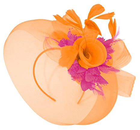 Fuchsia het rosa fjäder blomma fascinator hatt slöja nät pannband klämma Ascot Derby raser bröllop, Orange och fuchsia, one size