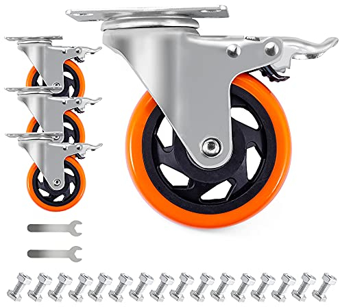 D&L 10,2 cm Lenkrollen 907,2 kg Schwerlastrollen mit Bremse PU Dual Feststellrollen Set von 4 Orange DL-I4O-002