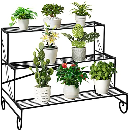 Outsunny Étagère à Fleurs Supports de Pots Porte Plante Escalier Plantes avec étagères en métal 3 Niveaux Forme escalier intérieur/extérieur pour Maison Balcon Jardin dim. 95L x 63l x 72H cm Noir
