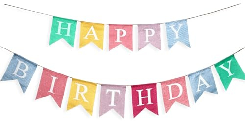 Banderín de Lino de Cumpleaños Colorido, Guirnalda de Banderines de Feliz Cumpleaños, Cadena de Banderines de Cumpleaños de Lino de 2,5 m de Largo, Banderines de Tela para Decoración （13 * 17cm ）