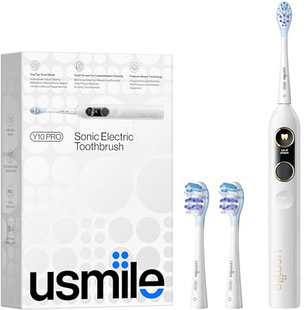 usmile Y10 PRO Rechargeable Electric Toothbrush with Smart Display, Missed Spot Detection, Pressure Sensor, 180-Day Battery Life, IPX8 Waterproof, Travel-Friendly with 2 Brush Heads