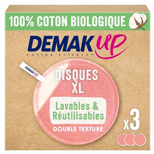 Demak'up Cotons Démaquillants Lavables et Réutilisables - 100% Coton Biologique - Lot de 3