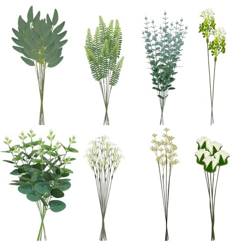 Künstliche Blumen & Zweige Kunstpflanzen 62 Stück Grüne Blätter und Weiß Kunstblumen Künstlich Eukalyptus Dekozweige Fake Flowers für DIY Blumenstrauß Brautstrauß Kunstblumenstrauss Hochzeit