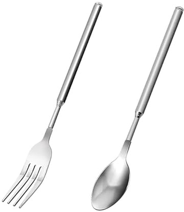 2 Pezzi,Set Retrattile Con Forchetta e Cucchiaio Telescopico Lungo,Cucchiaino Da Caffè In Acciaio Inox Allungabile,Forchetta Retrattile In Acciaio Inox,Per Barbecue, Tostatura, Cena e Campeggio