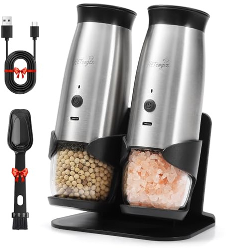 Electric Salt and Pepper Grinder Set with Safe Storage Base, Automatic Mill by Gravity,Adjustable Coarseness with LED,Larger Rechargeable Battery,Easy Filling,2 Pack Kitchen Tools