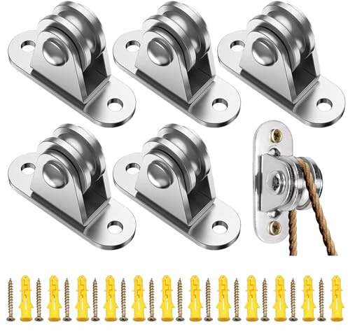 Lot de 6 Poulies en Métal 6mm - 90kg charge max‌, poulie avec roulement duplex, Petit Bloc de Poulie -12 vis inox & manchons - Pour Pare Soleil, Corde à Linge, poulies de renvoi pour cordes
