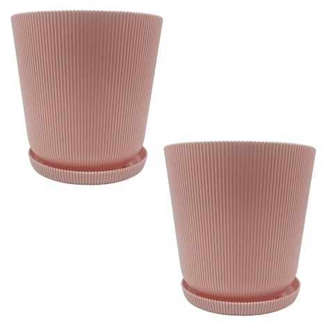 Relaxdays Blumentopf, 2er Set, Pflanztopf mit Untersetzer, Rillen, H x D: 20 x 20 cm, Kräutertopf, Kunststoff, Altrosa