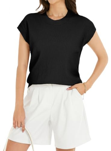 Camiseta de Punto Mujer Suéter Ligero Básico Jersey con Cuello Redondo Manga Corta Blusa Verano Elegante Moda Top Primavera Túnica Casual