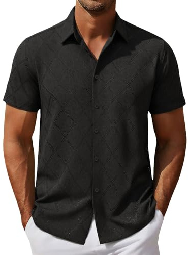 Camisa de punto de ganchillo para hombre, camisa de manga corta con botones para hombre, camisa de playa transpirable con cuello cubano, ajuste holgado, cómoda ropa casual para vacaciones
