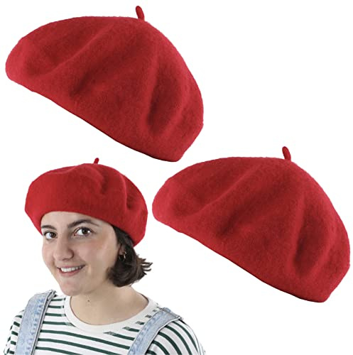 Adults Red Beret Hat - Pack of 6 - Wool Blend French-Style Beret - Mens Ladies Traditional Look France Cap Fashion Accessory