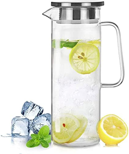 HwaGui Karaffe Borosilikatglas glaskaraffe mit Edelstahl Deckel für heißes/Kaltes wasser und Saftgetränk, 1,2L/42oz