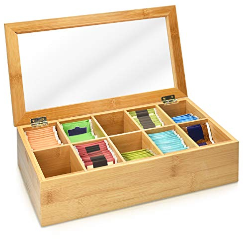 Navaris Bamboo Tea Box - Chest Organiser with 10 Compartments for Tea Bags - Wooden Case Container with Transparent Lid for Individual Tea Bag Storage