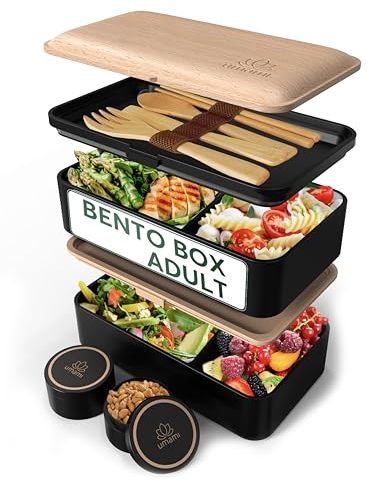 Umami All-in-1 1,2L Bento Lunchbox Erwachsene mit Besteck, 2 Saucenbehältern als Brotdosen Salat, Snack Bento Box, Auslaufsicher Brotdose Erwachsene, Inkl. Zubehör Brotdose mit Fächern für Meal Prep