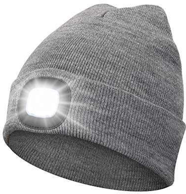 MISERWE Beanie Hat with Light Unisex LED Hat USB Rechargeable Beanie Cap with Light Running Hat Alpine Cap Gift for Men and Women Teens Grey