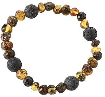 TheNaturalAmber Amber Bracelet – Green Baroque Baltic Amber & Lava Stone Beads Bracelet for Adults 18cm, Handmade Elastic Healing Jewelry
