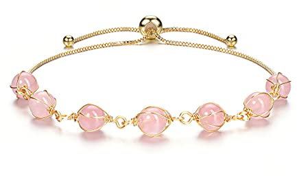 JOVIVI Healing Rose Quartz Beads Bracelet Women Pink Crystals Gemstones Reiki Chakras Stone 14K Gold Plated Bangle Adjustable Girls Jewellery Mothers Day Mum Gifts
