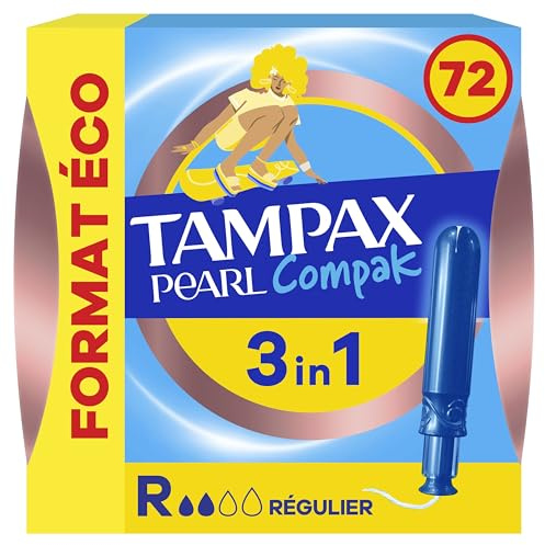 Tampax Tampones Pearl Compak Regular Con Aplicador Suave, Pack de 72, 3 en 1 Protección Antifugas, Comodidad Y Fácil Inserción