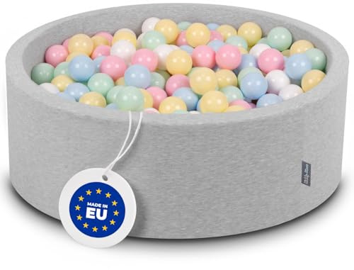 KiddyMoon 90X30cm/200 Palline Piscina di Palline Colorate per Bambini Tondo Fabbricato in EU, Grigioch:Blu Pastello/Giallo Pastello/Bianco/Menta/Eosa Chiaro