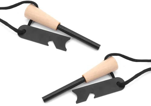 Vokowin 2 Flint and Steel, Magnesium Stick Fire Starter Kit, Essential Fire Starter Camping Survival Kit, with Wooden Handle Reusable Camping Fire Lighter Stick Outdoor for Bushcraft (K107-2)