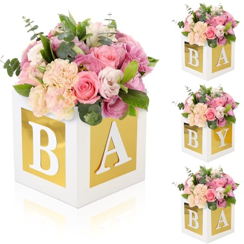 4 Pcs Baby Shower Flower Boxes Table Centerpieces Decoration Gold Baby Block Floral Holder Centerpiece Baby In Bloom Gender Reveal Birthday Party Decors Table Display Its A Girl Its A Boy