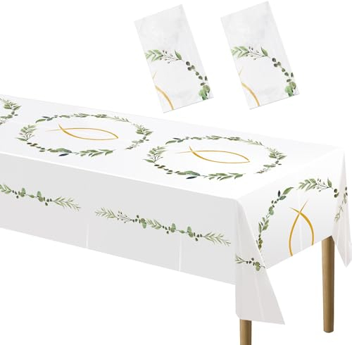 Kommunion Tischdecke, Konfirmation Tischdeko, Taufe Junge Deko Tischtuch, Fische Kommunion Partytischdecke Mädchen für Erstekommunion Deko, Taufe Party Dekoration 130 * 275cm (2 Stück)