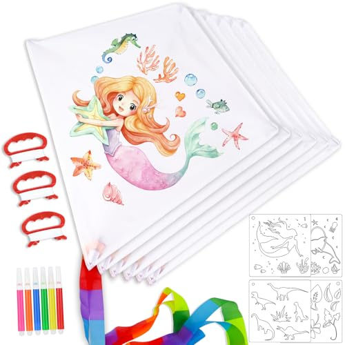 FORMIZON Kit Aquiloni per i Bambini, DIY Aquiloni da Colorare, Disegnare il Proprio Aquilone con Matite Colorate e Sagome, Facile da Volare, per Bambini Regalo Giochi All'aperto (6 Pezzi)