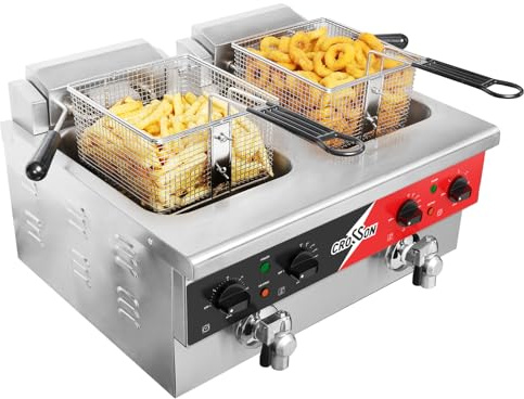 Friteuse électrique CROSSON avec deux réservoirs, drain, panier fixe et couvercle pour restaurant et domestique Friteuse commerciale en acier inoxydable 230V, 6000W (EF 6V-2)