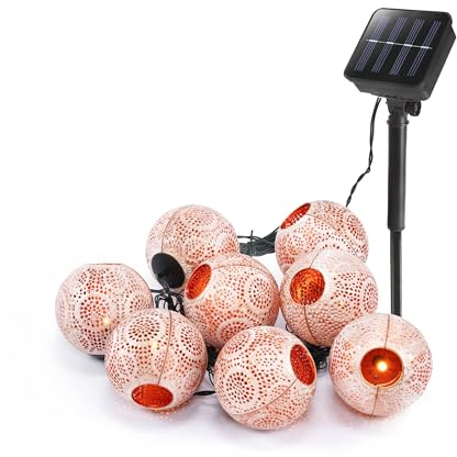 Esotec Solar Kugel Lichterkette Alma, 2 Meter, altweiß-kupfer, 8 LEDs warmweiß, Akku, Solarmodul, Erdspieß, mediterran, Laternen Dekolichterkette, Kunststoff, außen, wetterfest, 102808