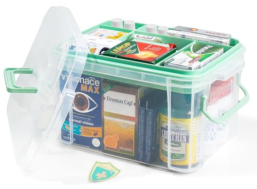 HEY FOLY 15qt Clear Medicine Organizer Storage Box with Tray, Plastic First Aid Box Empty, Thickened Medicine Container Chest, Multipurpose Medical Case with Labels, Medicine Caddy with Lids Handles