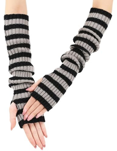 Luckwaii Lange Armwärmer Gestreift Fingerlose Handschuhe Armstulpen Ellenbogenlange Armsleeve Winter Thermo Dehnbar Strickhandschuhe mit Daumenloch für Damen