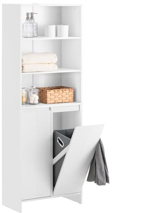 SoBuy Mobile Bagno Salvaspazio con Cesto Portabiancheria – Armadio Alto e Stretto con Ante e Ripiani Aperti, Mobiletto Bagno Bianco 60x30x171cm BZR155-W