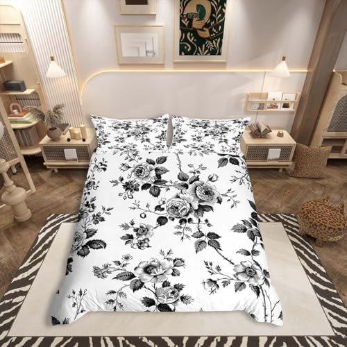 Homemissing Flower Bedding Duvet Cover Set Double Size Botanical Floral Printed Bedding Set Blossom Flowers Pattern Comforter Cover Set Natural Theme Bedspread Cover Black White,No Comforter