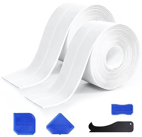 Cinta de Sellado 2 Rollos con Herramienta de Rascador Silicona 4 Piezas Impermeable Autoadhesiva para Baño Cocina Inodoro Bañera Esquina de Pared
