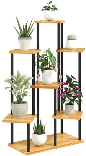 Outsunny Support à plantes à 7 niveaux pour intérieur et extérieur, étagère plante en acier et bois, porte plantes pour jardin, terrasse, balcon, salon, bois naturel