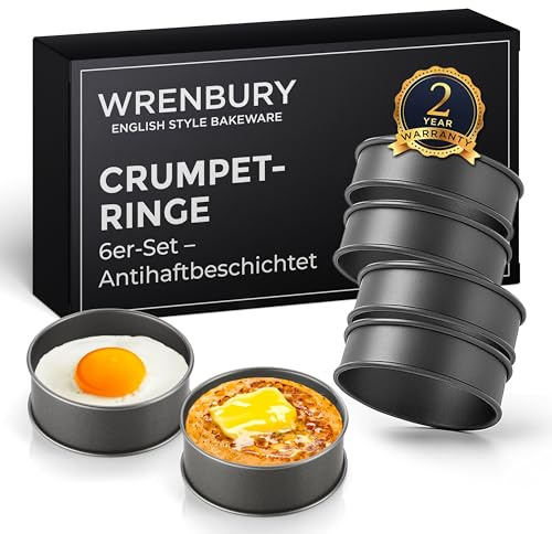 Wrenbury Crumpet Rings Non Stick Set of 6 - Egg Cooking Rings for Frying 9 cm - English Muffin Pancake Moulds for Pastry - Easy to Clean Carbon Steel - Made in England
