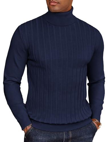 COOFANDY Jersey Cuello Alto Hombre Manga Larga Suéter Liso Jersey Invierno Jerséis Punto Fino Formal Jerséis Trabajo Azul Marino L
