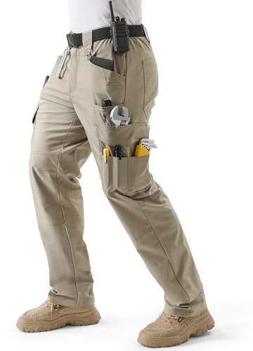 IGOLUMON Mens Work Trousers Cargo Trousers Stretch Fit Combat Cargo Pants Comfortable Workwear Pants with 11 Pockets for Outdoor Work Hiking Walk Khaki
