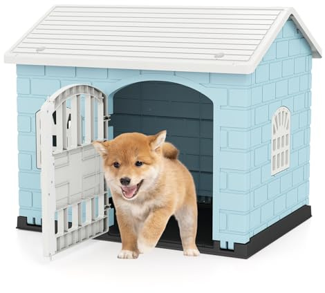 GOPLUS Caseta para Perros de Plástico Exterior Interior, Casa para Perro con Puerta con Cerradura, 3 Ventanas, Techo Inclinado, Jaula Decorativa para Cachorros Impermeable, 75 x 58 x 65 CM (Azul)
