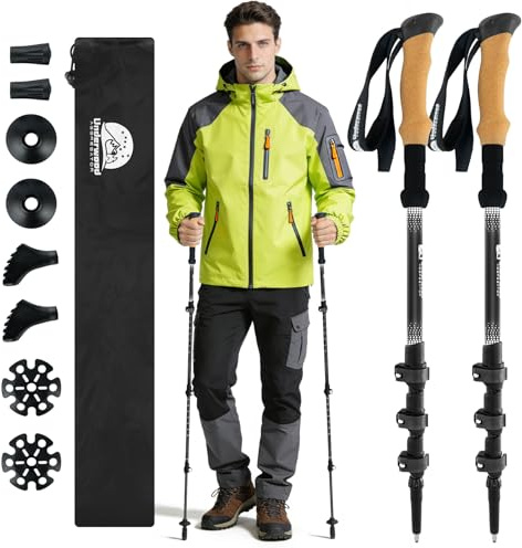 Bâtons de Randonnée en Fibre de Carbone UnderwoodAggregator - Lot de 2 Bâtons de Trekking Télescopiques et Réglables pour Femmes et Hommes, Bâtons de Marche Ultralégers avec Poignée en Liège