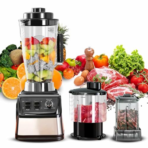 Multi functional Blender 3 en 1,3L Blender Smoothie 9500w Robot Culinaire,8 Lames en Acier Inoxydable Equipé de 3 bols,15 RéGlages De Vitesse,Pour les Smoothies, les Milkshakes,les Purées