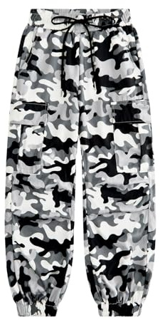JiAmy Pantaloni cargo da ragazza, con elastico in vita, casual, larghi, pantaloni da paracadute, multi tasche, pantaloni da danza Y2k, per bambini da 5 a 14 anni, Grigio mimetico., 11-12 Anni
