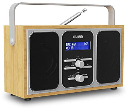 DAB radio portable | DAB+ radio Mains Powered or 15h Battery powered| Premium Wood and Steel | FM Radio, Dual Alarm Clock, & 20 Preset Stations | LED Display and Headphone Jack | MAJORITY Girton